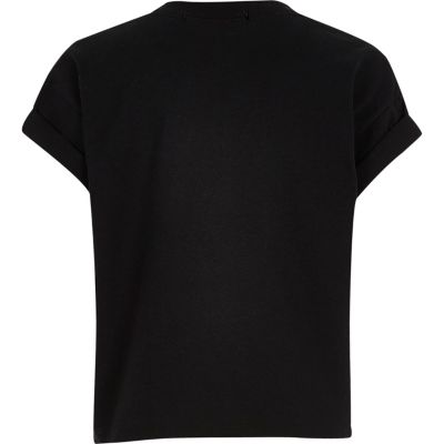 Girls black camo print crop t-shirt